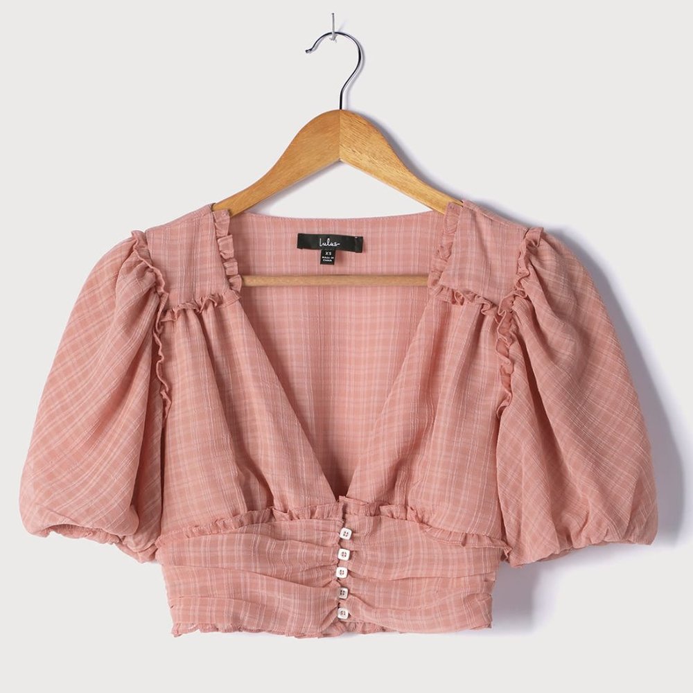 Lulu's Undeniably Sweet Mauve Gingham Ruffled Puff Sleeve Crop Top - Picture 3 of 4